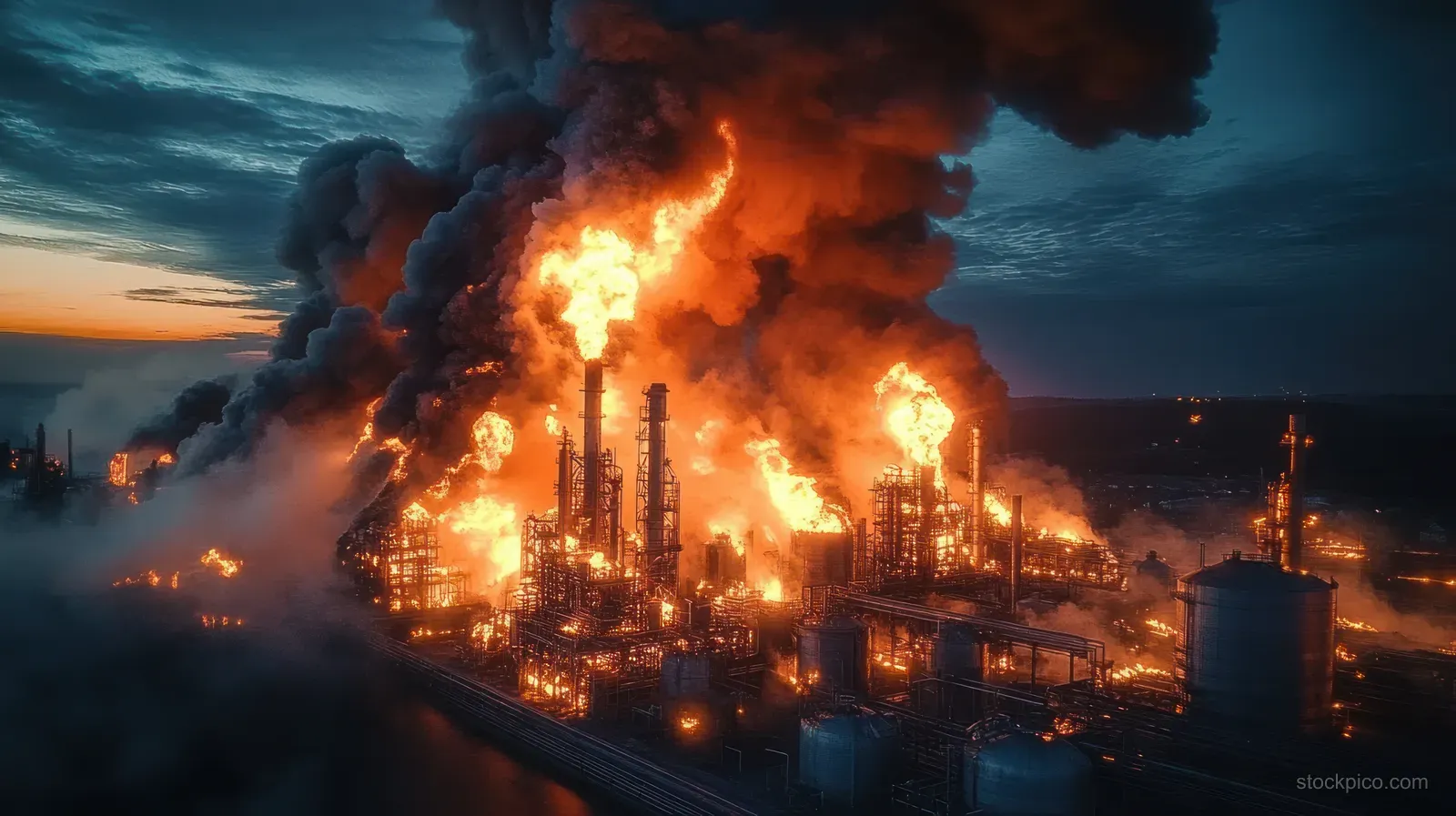 Refinery buildings burn at dusk while towering flames and thick black smoke rise into the dark sky.