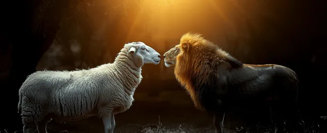 A sheep and a lion face each other in profile on a dark background under a warm beam of light.
