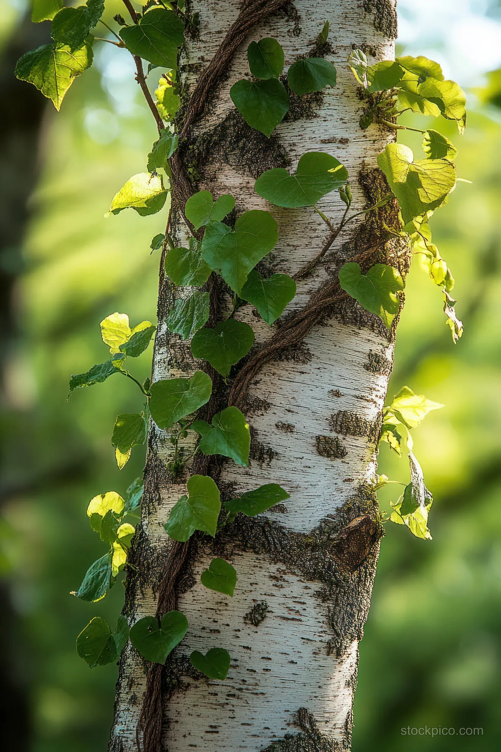 Heart-shaped green vine leaves climb a textured birch trunk while soft sunlight and blurred greenery fill the background.