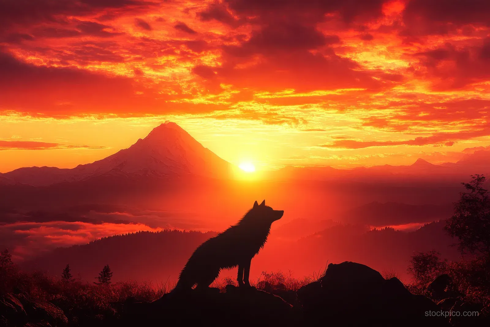 Silhouette of a wild boar against Mount Fuji at sunrise, framed by glowing orange clouds.