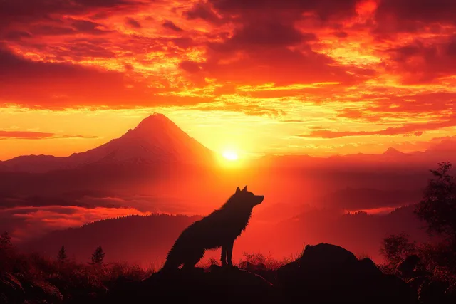 Wild boar silhouette facing Mount Fuji at sunrise with glowing orange sky with Outdoor Dramatic Lighting