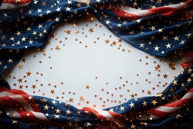 Wavy American flag fabric frames scattered golden star confetti on a light background.