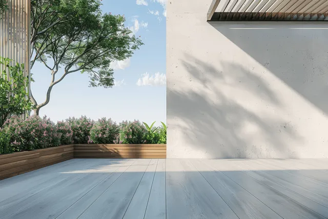 3D modern wooden house exterior with white concrete wall and sunlit wood terrace garden