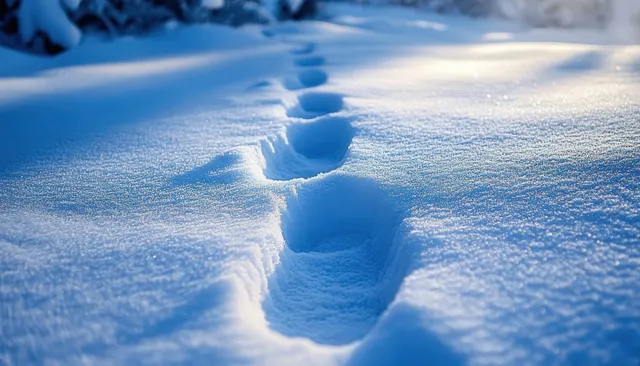 Deep footprints trail across fresh white snow with soft sunlight and crisp shadow marks.