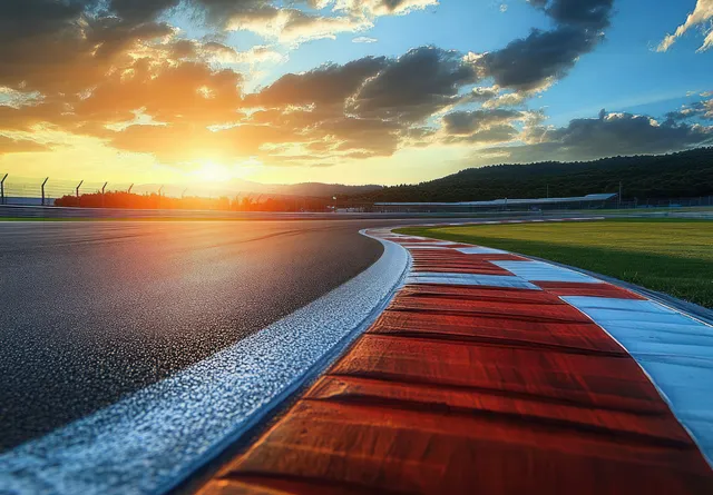 Empty racetrack curve at sunset with lane markings, asphalt texture, and bright horizon glare.