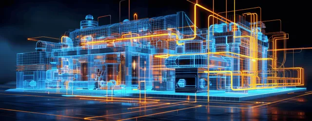 Futuristic industrial facility depicted as a holographic wireframe with detailed piping, doors, windows, and glowing blue-orange lights.