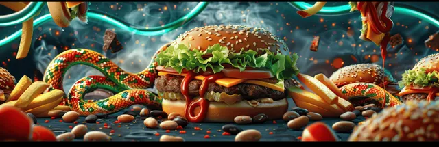 Cheeseburger and fries float under neon cyber lighting beside a glowing DNA helix.