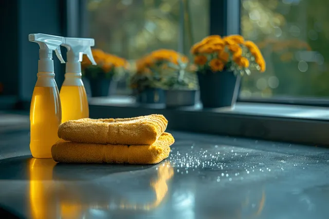Yellow spray bottles and folded microfiber cloths on kitchen counter with garden bokeh