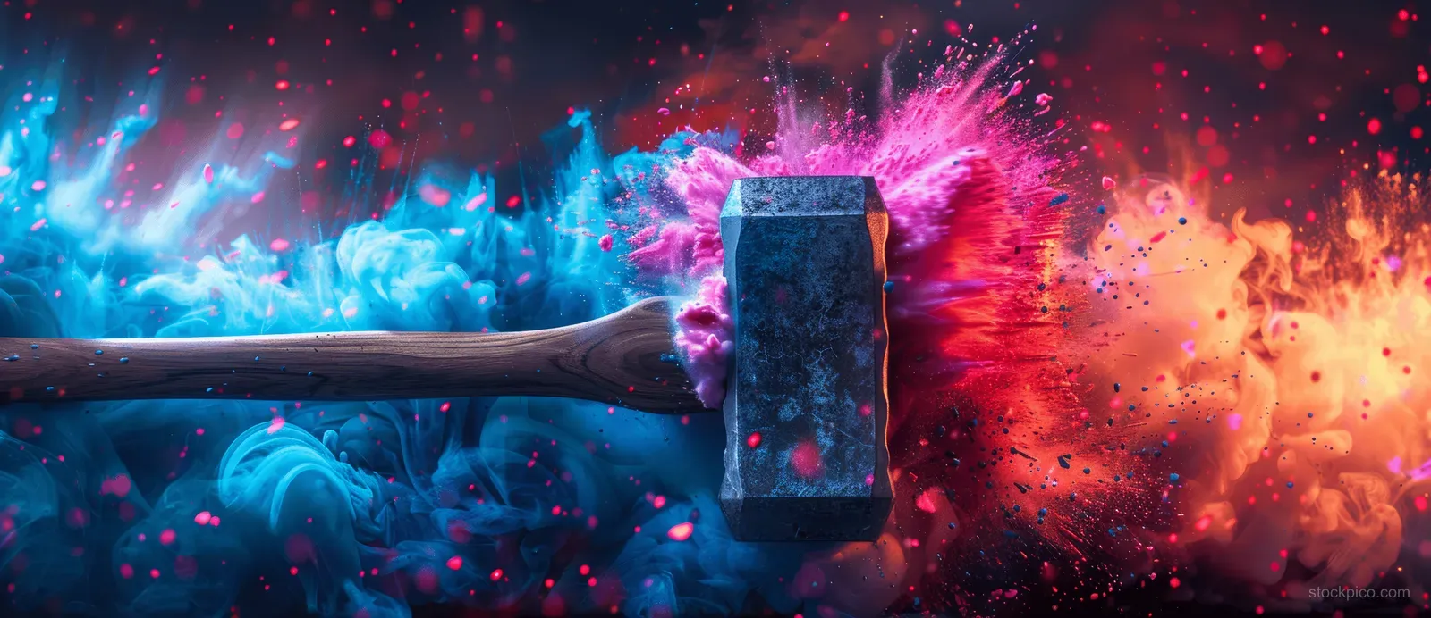 A sledgehammer impacts, creating a colorful dust and smoke explosion on a dark background.