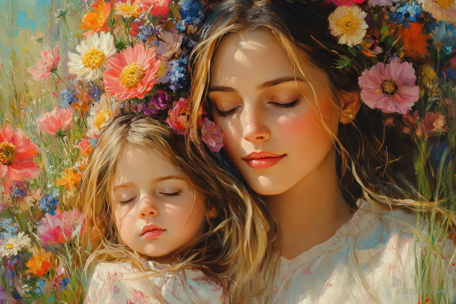 A mother and sleeping child rest together среди colorful flowers and warm light.