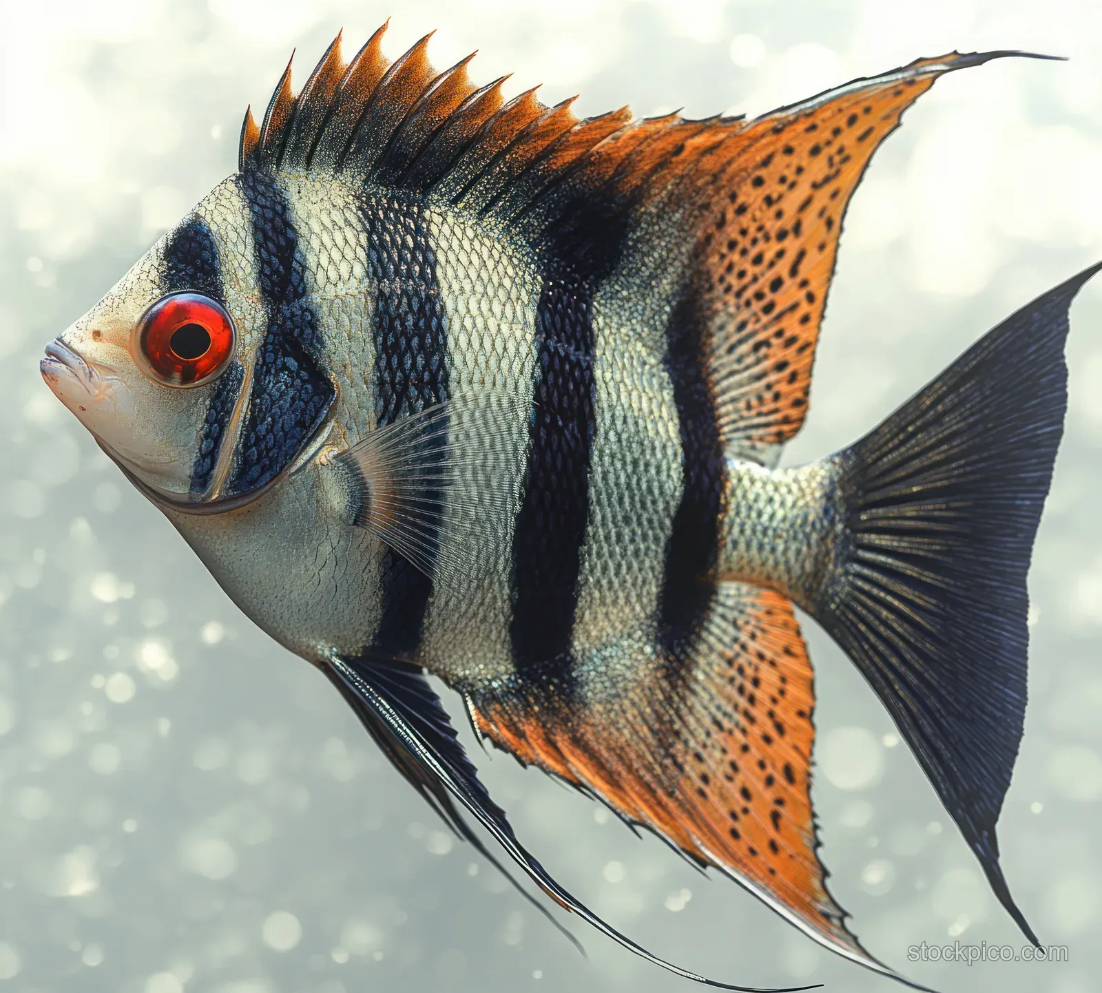 Striped tropical fish with red eyes swims underwater with orange fins and soft bubbles in the background.
