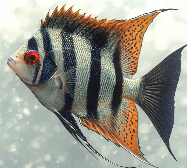 Close-up tropical fish with red eyes and black stripes swimming underwater amid soft bubbles