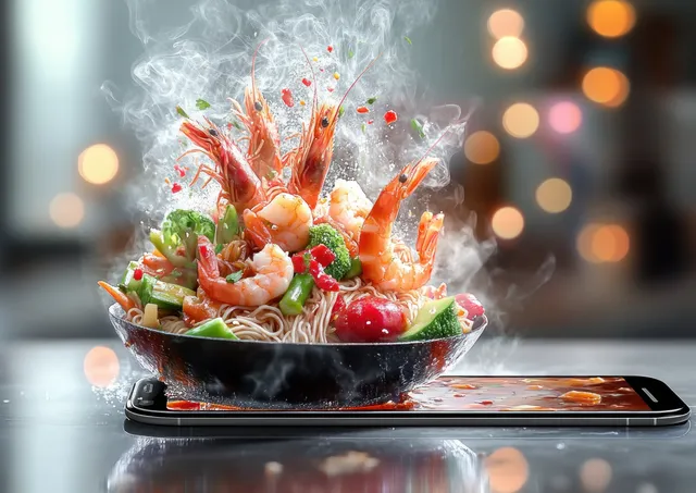 Steaming shrimp noodle stir-fry rising from a smartphone in bokeh light