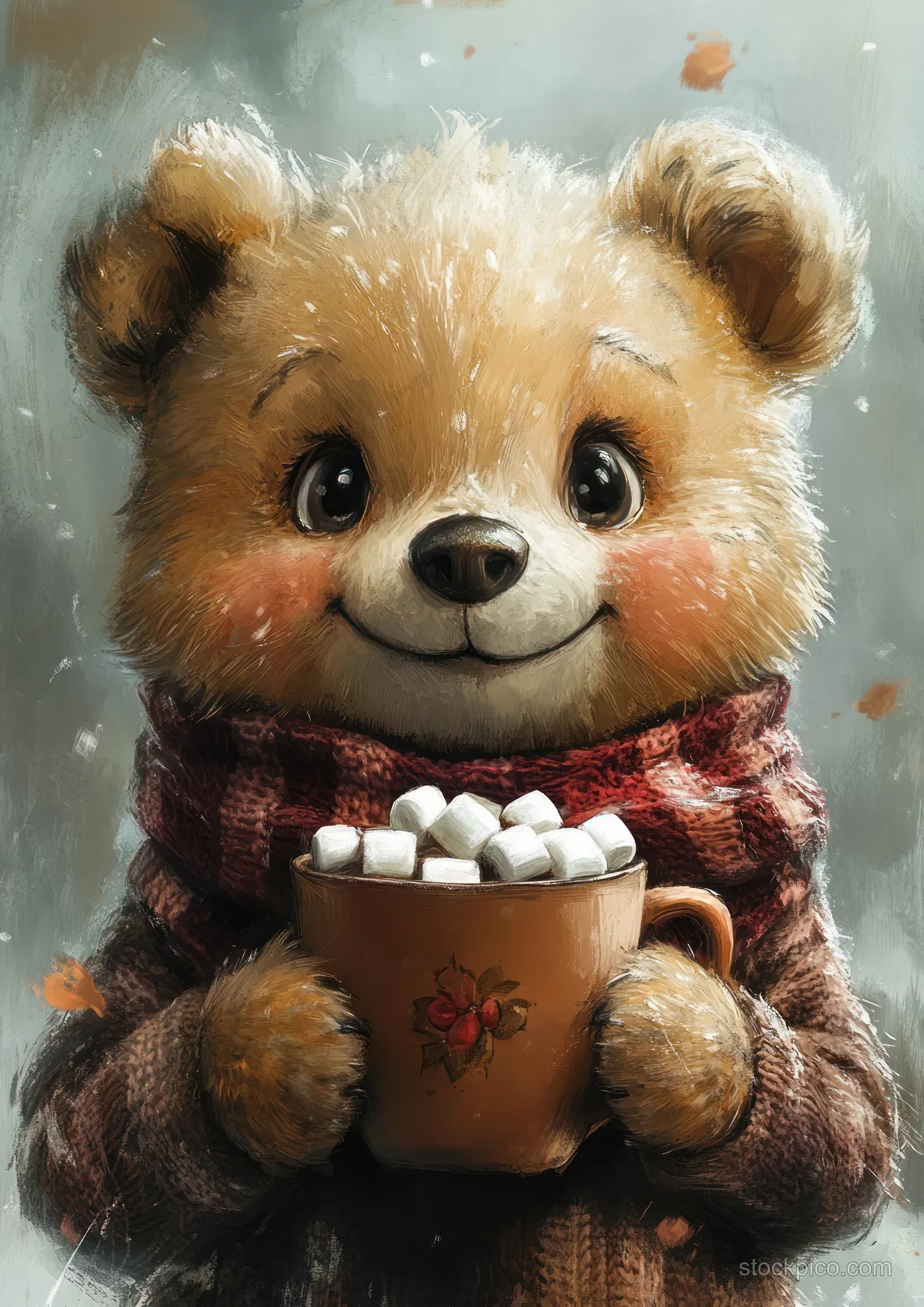 Cartoon bear in a scarf holds a hot chocolate cup with marshmallows against a soft wintery background.