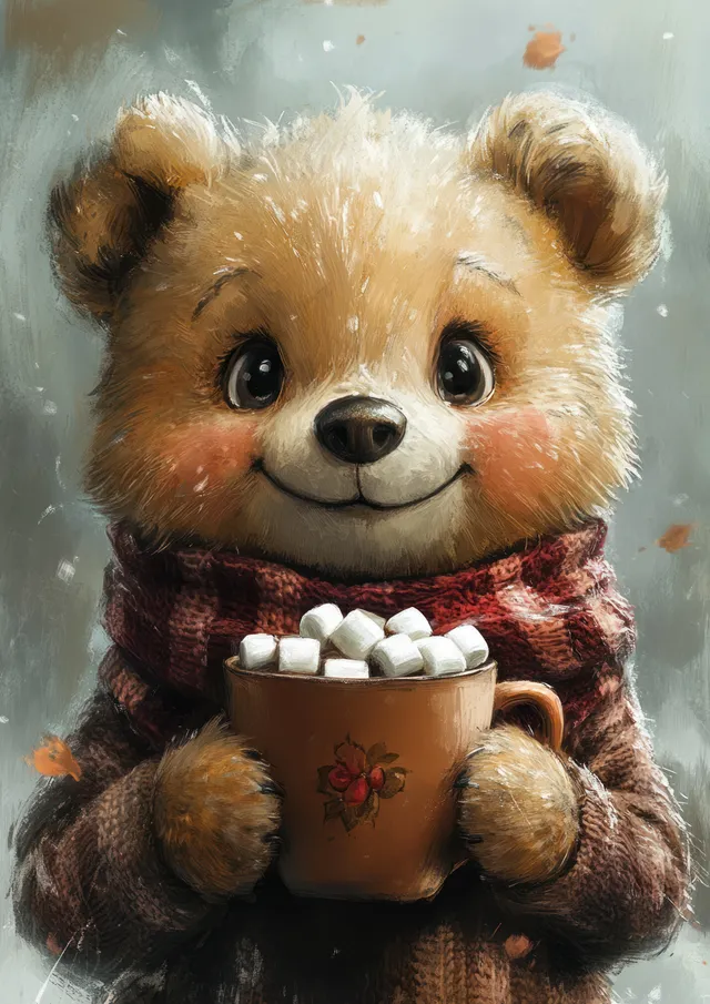 Cartoon bear in a scarf holds a hot chocolate cup with marshmallows against a soft wintery background.