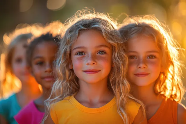 Children smiling and hugging together in a warm sunset park with colorful outfits