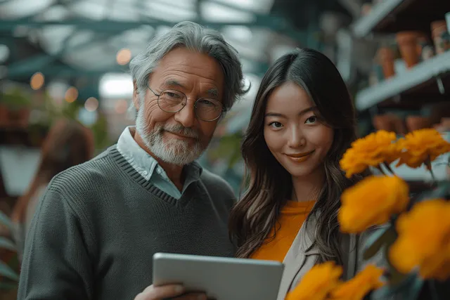 Smiling older man and young woman use a tablet together in a bright cafe
