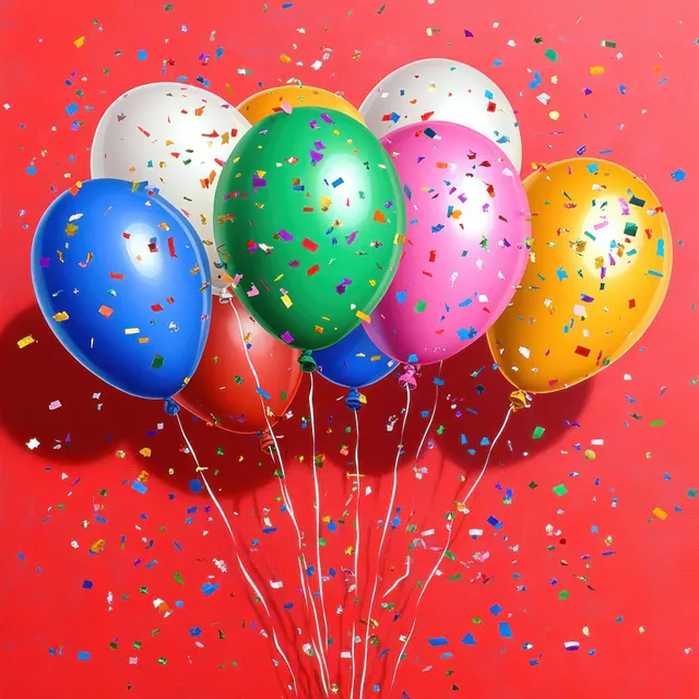 Colorful helium balloons float upward above a bright red backdrop with confetti scattered