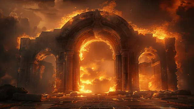 Burning stone arches of a hell-like dungeon entrance surrounded by flames at night