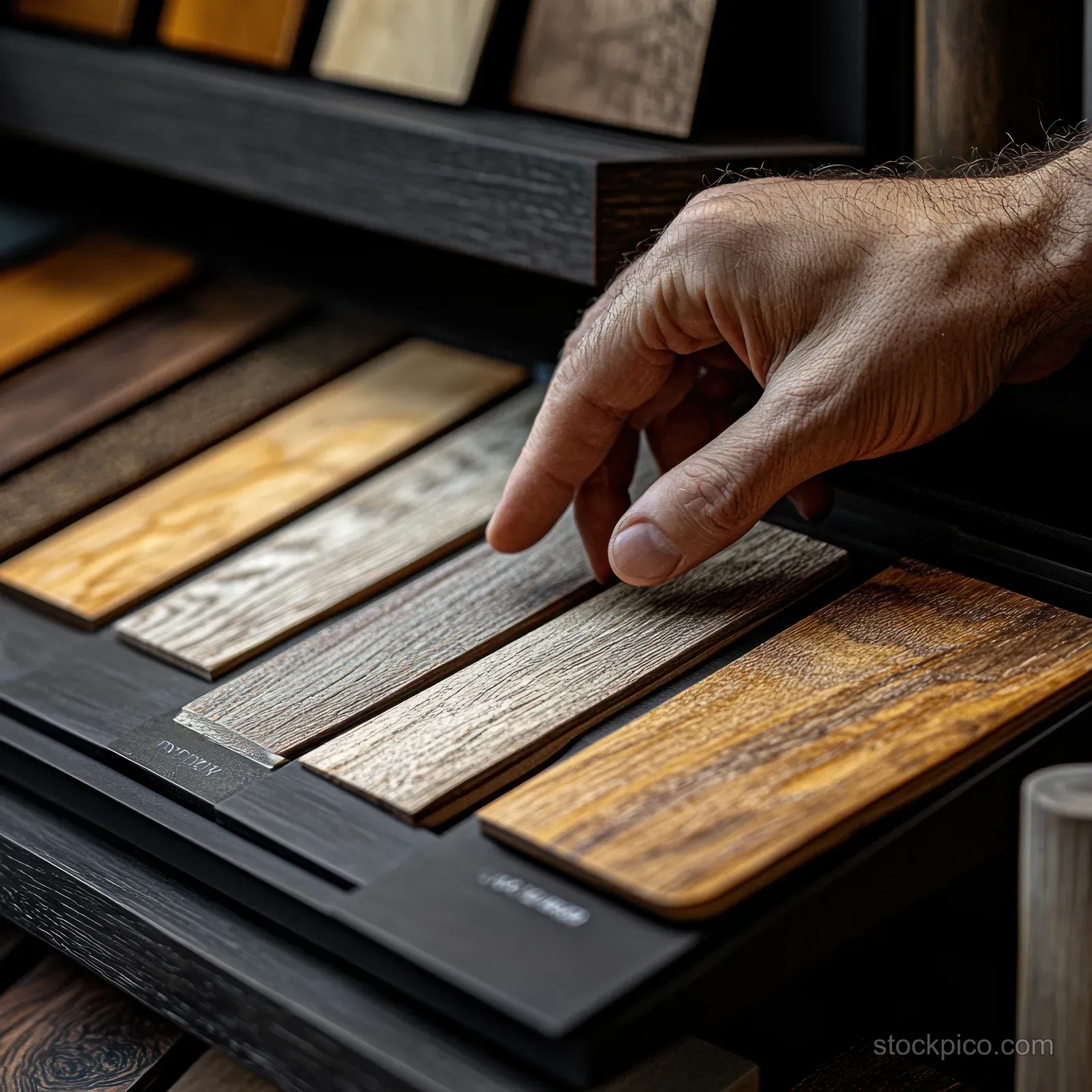 A hand points to a wood swatch in a design book display of laminate and hardwood samples.