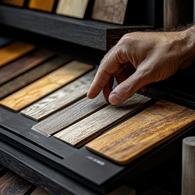 A hand points to a wood swatch in a design book display of laminate and hardwood samples.