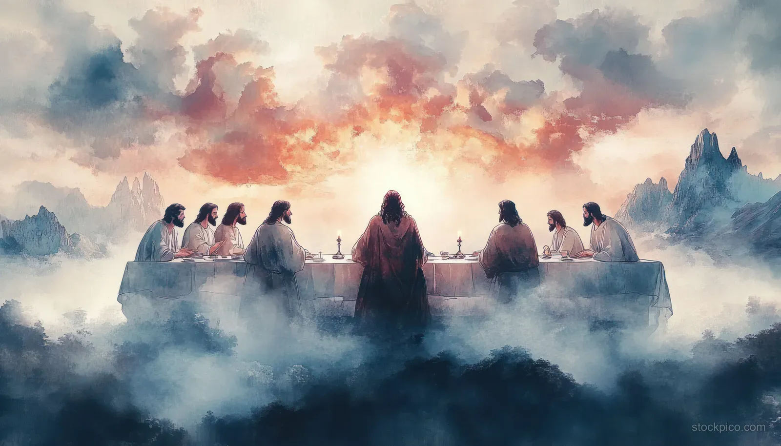 Watercolor Last Supper scene with Jesus and disciples seated at a glowing table amid clouds and mountains.