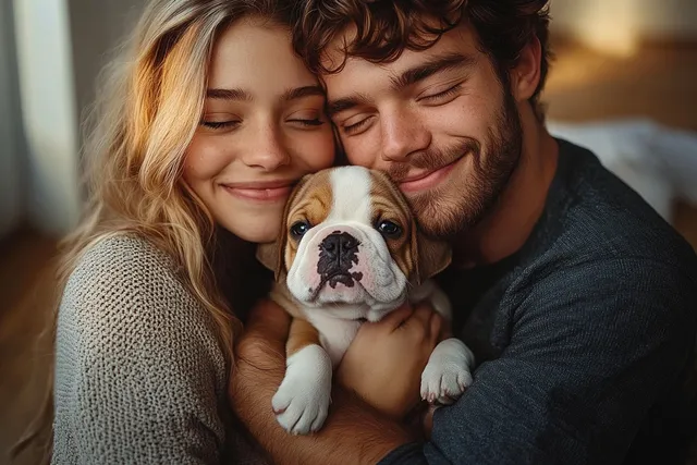 Young couple cuddles a sleepy bulldog puppy indoors, smiling with warm natural light