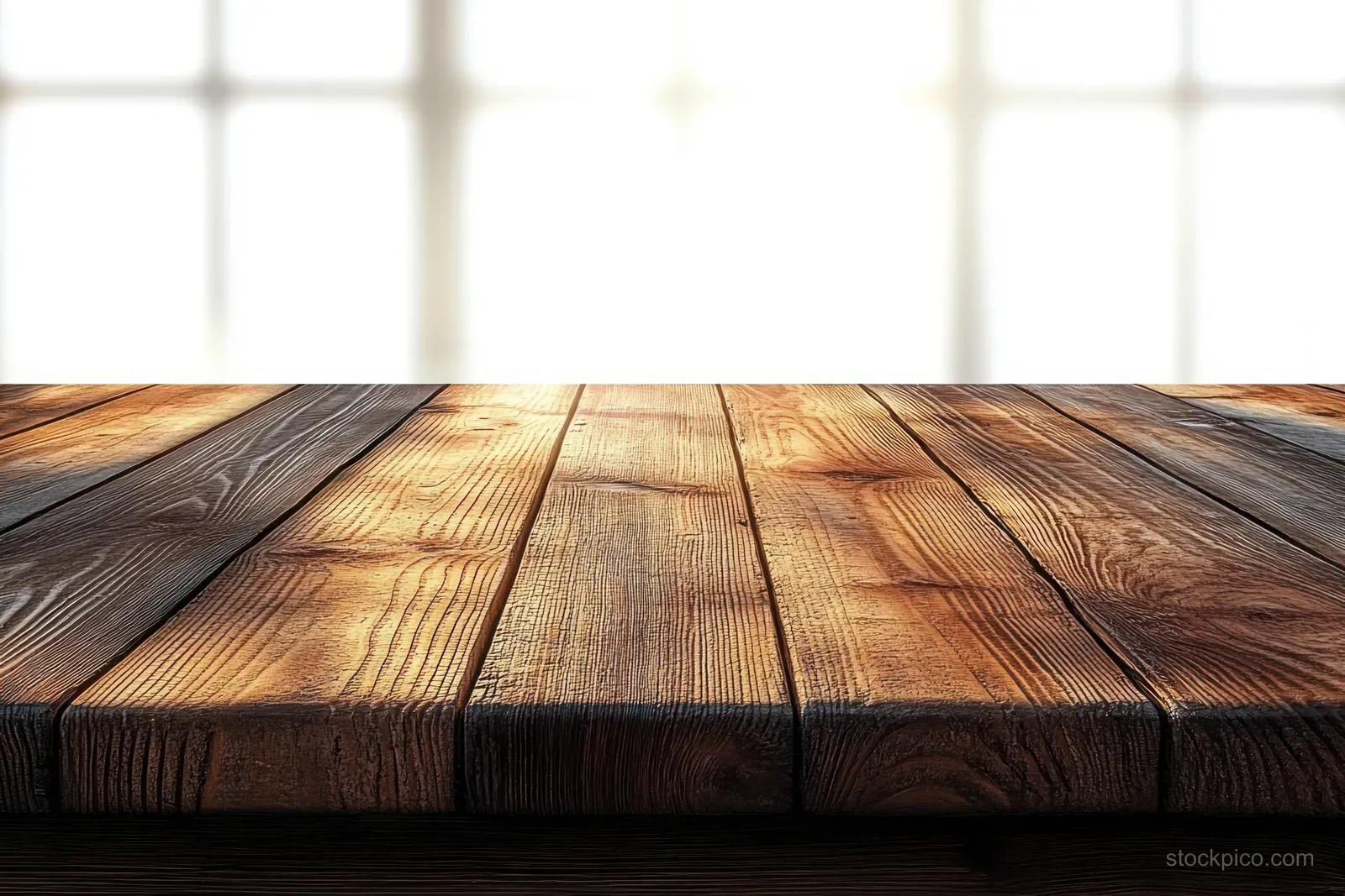Close-up of rustic wooden table planks with warm sunlight and softly blurred window background.