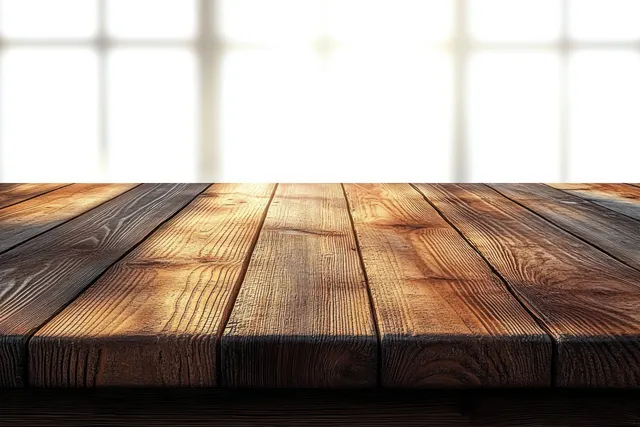 Close-up of rustic wooden table planks with warm sunlight and softly blurred window background.
