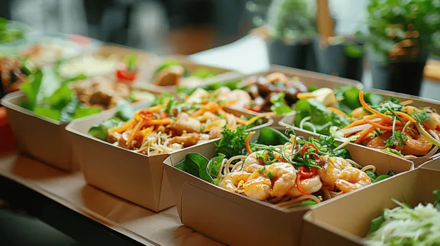 Brown paper boxes filled with noodle stir-fries and fresh salad greens are lined up on an office table.