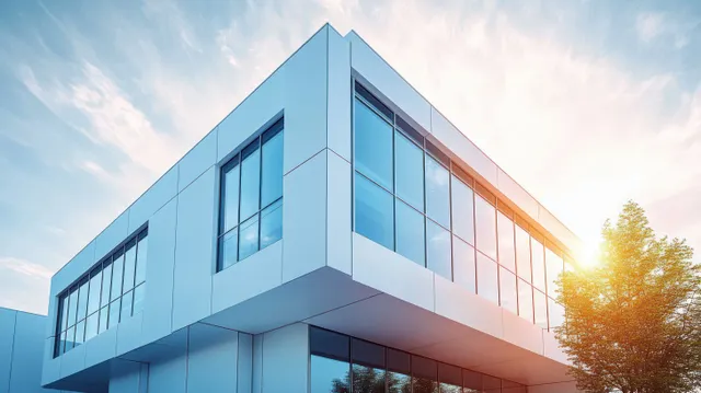 Modern office building facade with reflective windows catching sunlight beside a green tree.