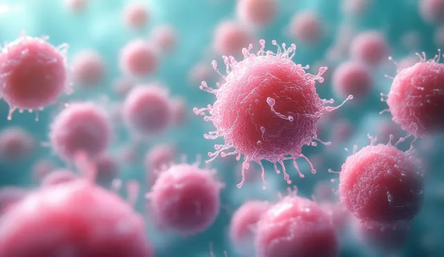 Multiple pink cancer cells dividing and floating against a turquoise glowing background with spiky membranes.