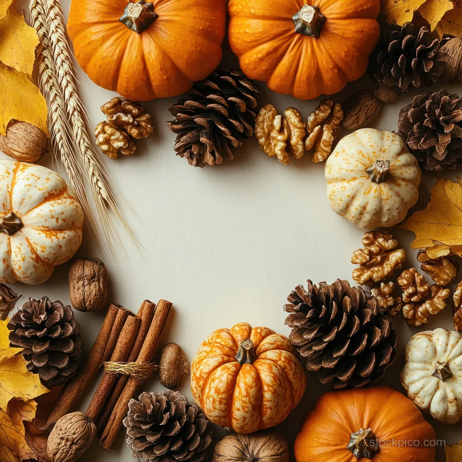 Orange and white pumpkins with pine cones, cinnamon sticks, and yellow leaves arranged in an autumn frame on a light background.