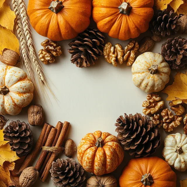 Autumn pumpkins and pine cones arranged in a wreath-like frame with cinnamon sticks