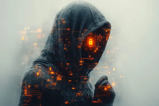 Hooded hacker silhouette with glowing padlock and cybersecurity icons, with scattered data symbols on a white background.