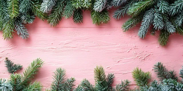 Evergreen branches rest on a pink wooden background with soft shadows and visible texture.
