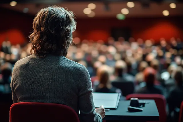 A speaker sits facing an audience in a lecture hall, talking into a microphone with a laptop on the table.
