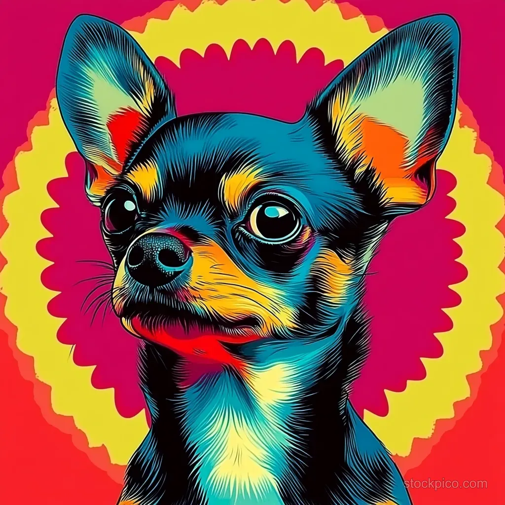 Stylized small alert chihuahua with large ears and shiny eyes in front of a bold red and yellow psychedelic circle.