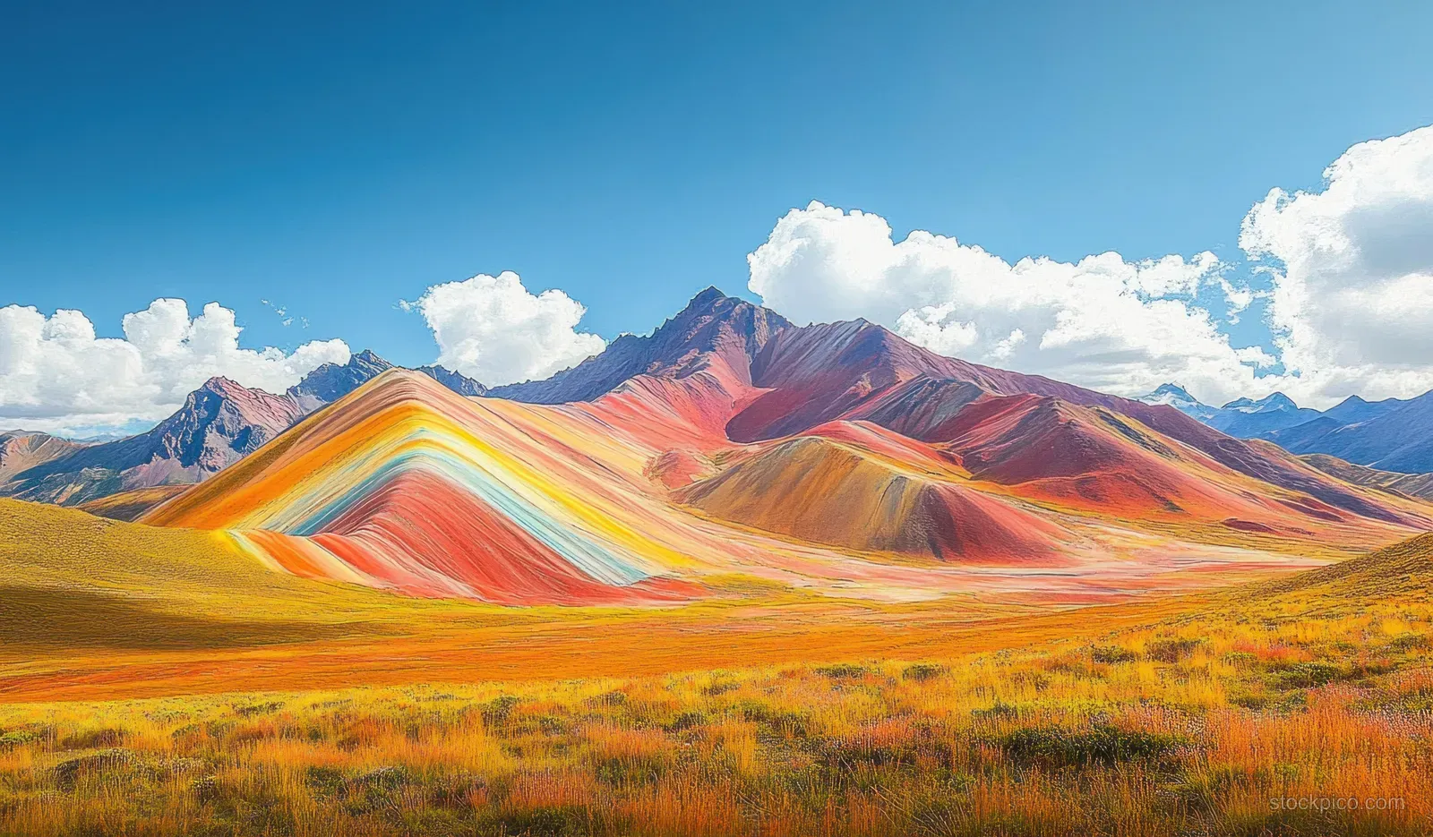 Rainbow Mountain in Peru displays vivid striped slopes beneath a blue sky with clouds and distant Andes peaks.