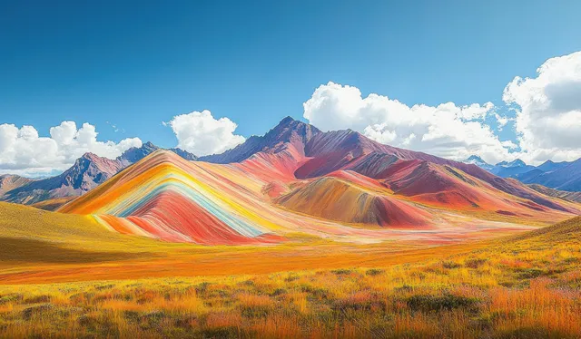 Rainbow Mountain in Peru with vivid striped slopes beneath dramatic Andes clouds