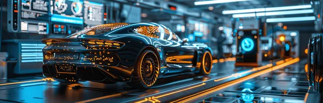 Robotic arms and holographic panels guide an electric car along a blue-lit automated factory assembly line.