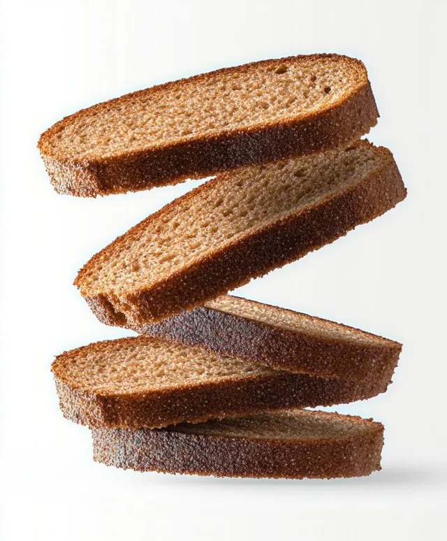 Four slices of whole wheat bread stacked and levitating against a white background with visible crust texture.