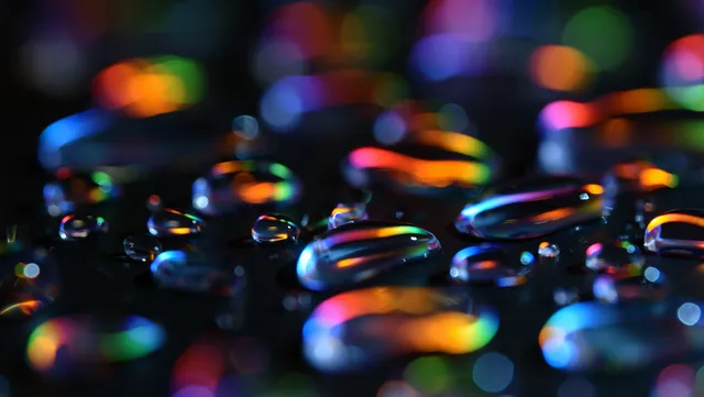 Water droplets on dark surface reflect multicolored light in dreamy macro reflections