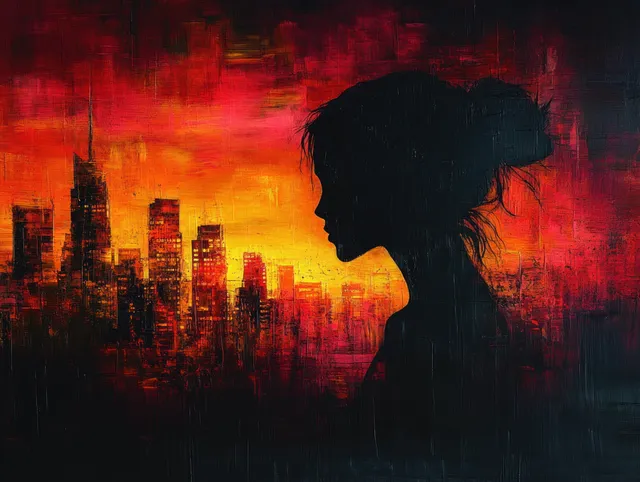 Silhouette of a professional woman in formal attire against a vibrant city skyline at sunset with warm backlighting.