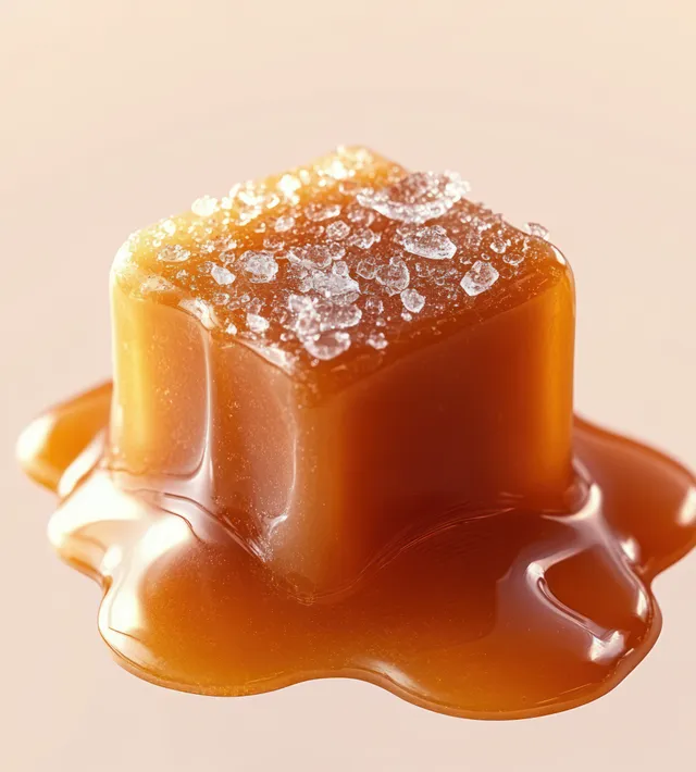 Melting caramel cube with coarse sea salt on smooth beige background