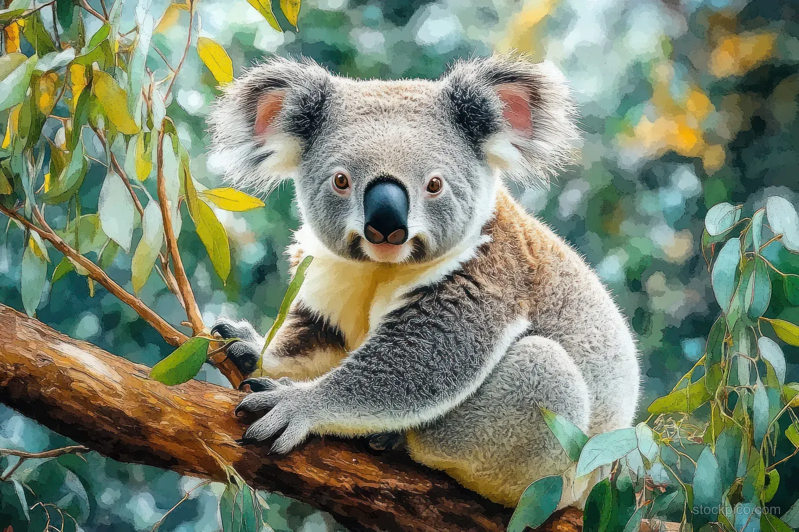 A koala perched on a eucalyptus branch among green leaves in a sunlit forest.