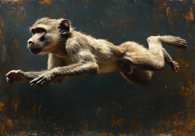 A baboon mid-leap lunges forward with detailed fur and visible claws against a dark textured background.