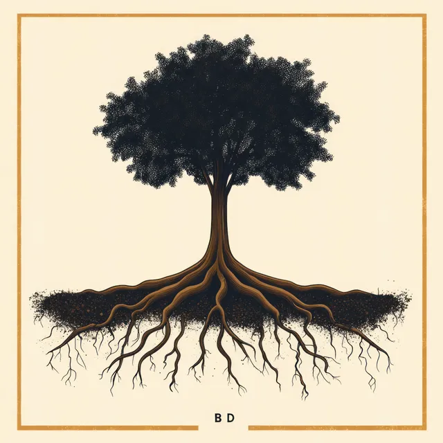 Illustrated tree with a thick trunk and detailed roots spreading underground beneath it on a light background.