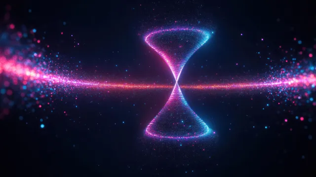 An hourglass shape made of glowing blue and pink particles floats on a dark cosmic background.