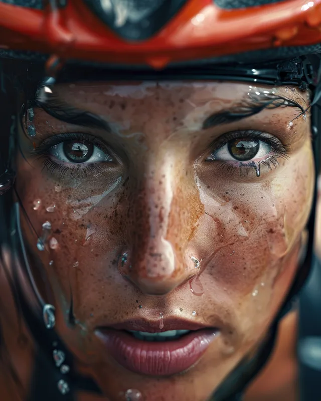 Triathlete in helmet stares forward with droplets, preparing for sprint-distance race start